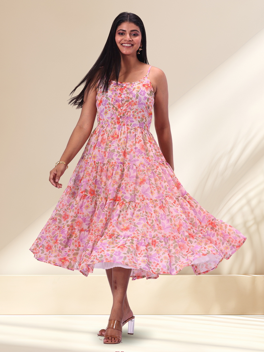 Floral Print Tiered Midi Dress
